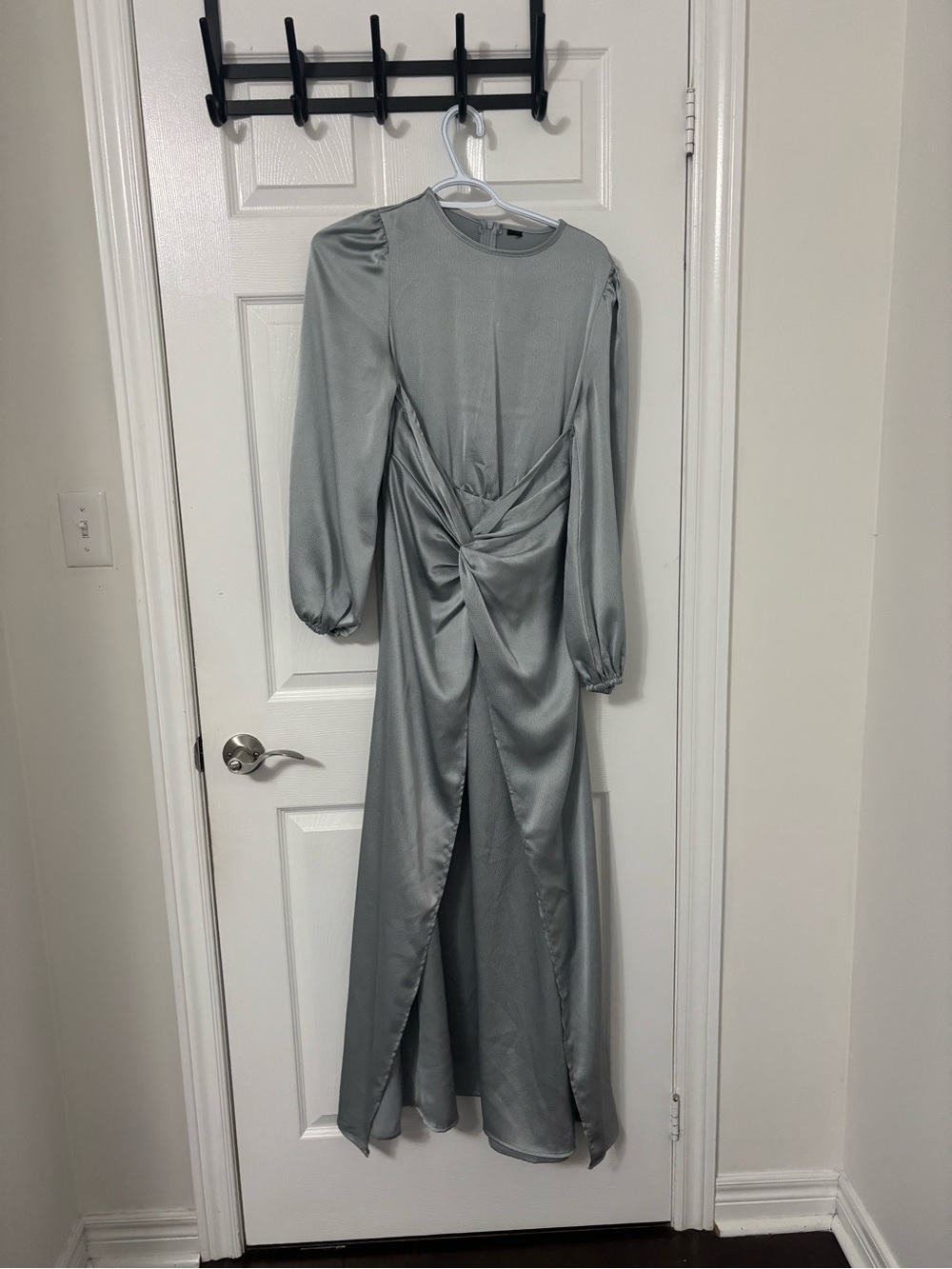 Twist-Front Satin Maxi Dress in Silver Gray